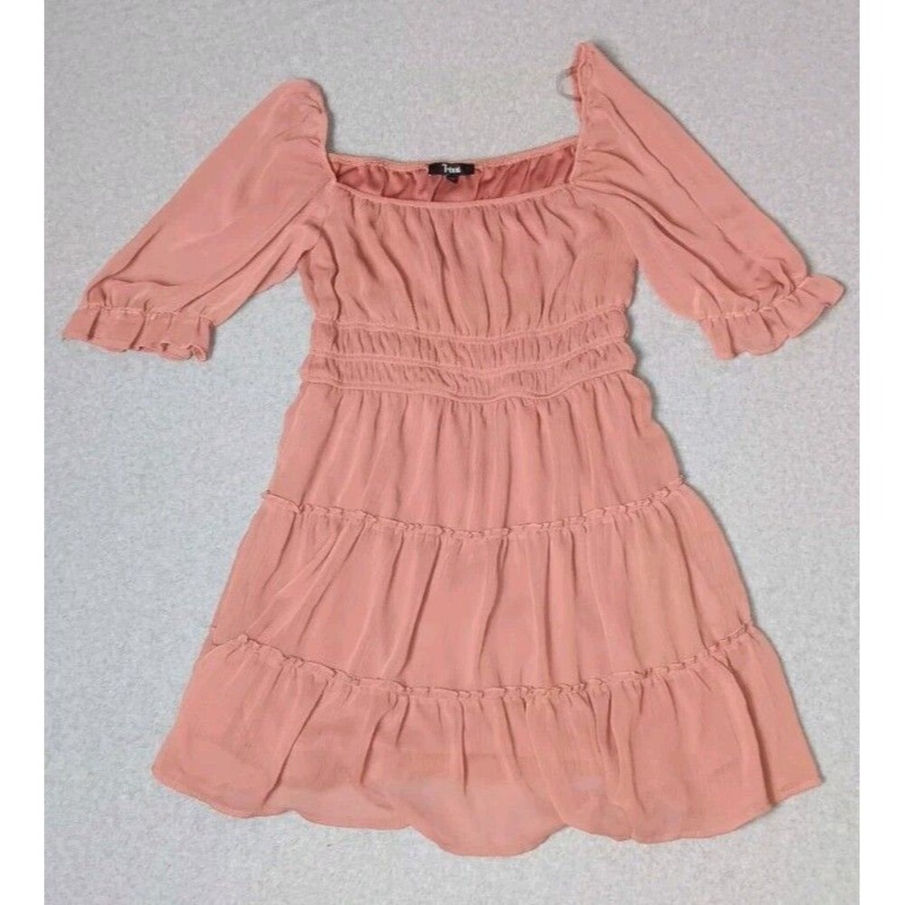 Trixxi Smocked Tiered Milkmaid Mini Dress Juniors XL Dusty Rose Pink Cottagecore